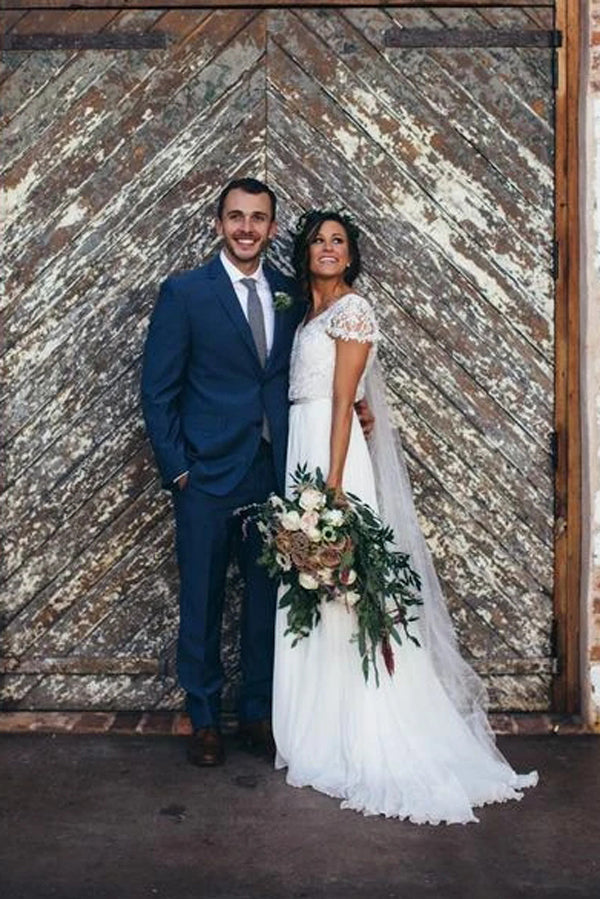Sparkly Wedding Dresses Romantic A-line V-neck Beading Chiffon Bridal Gown