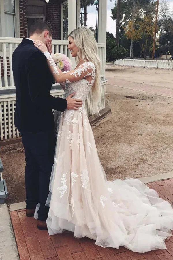Tulle A-line V-neck Long Sleeve Lace Wedding Dresses with Train Prom Dress MW483
