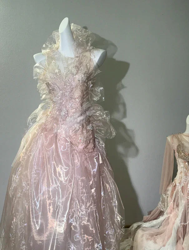 Fairy Pink Tulle Beaded Prom Dress Long Backless Evening Dress Y8564