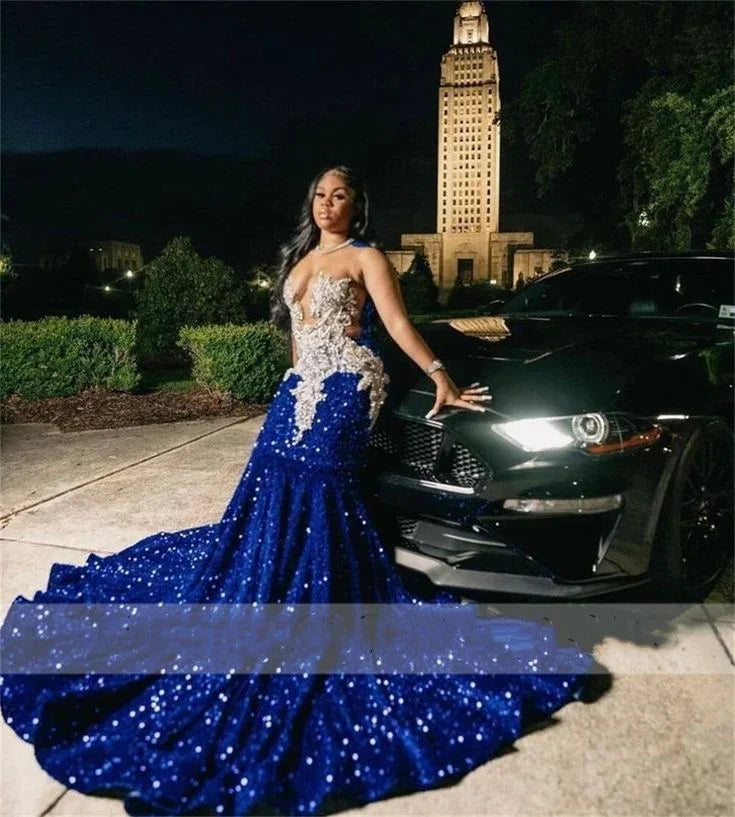Royal Blue Sequins Mermaid Evening Dress With Sheer Neck Plus Size Formal Evening Occasion Gowns Y6358