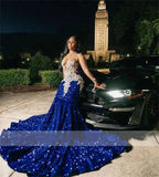 Royal Blue Sequins Mermaid Evening Dress With Sheer Neck Plus Size Formal Evening Occasion Gowns Y6358
