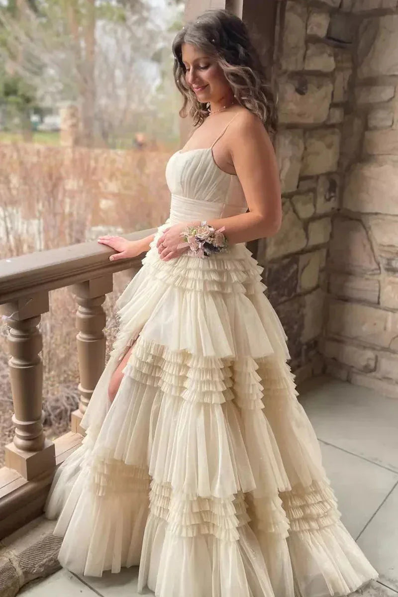 Champagne A-Line Spaghetti Straps Ruffles Formal Evening Dresses Long Prom Dress Y6801
