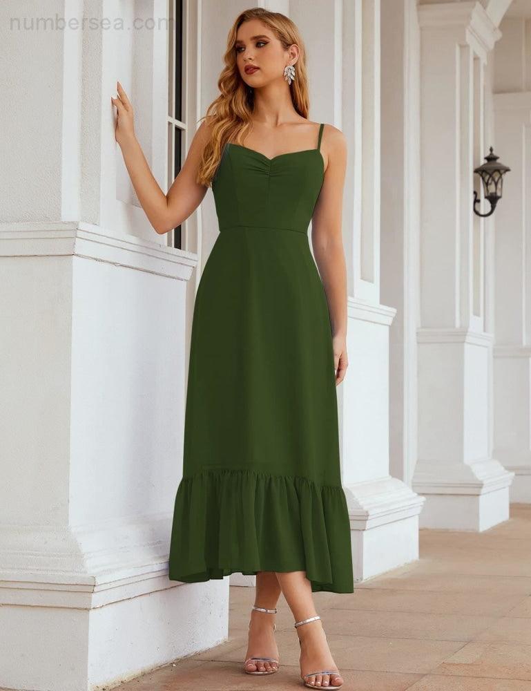 Spaghetti Strap Chiffon Bridesmaid Dress Ankle Length Formal A Line Cocktail Party Homecoming Dress for Juniors  SEA28028