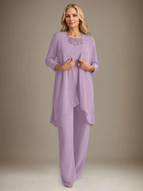 Chiffon Scoop Long Sleeves Mother Of The Bride Pantsuits With Jacket