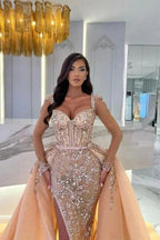 Mermaid Champagne Split Front Sweetheart Straps Prom Dresses with Beadings