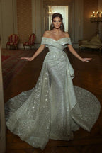 Mermaid Floor-Length Off-The-Shoulder V-Neck Sleeveless A-Line Sequins Wedding Dresses with Ruffles