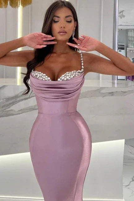 Mermaid Wisteria Ruffles Spaghetti Straps Floor-Length Sweetheart Stain Sleeveless Prom Dresses with Beadings