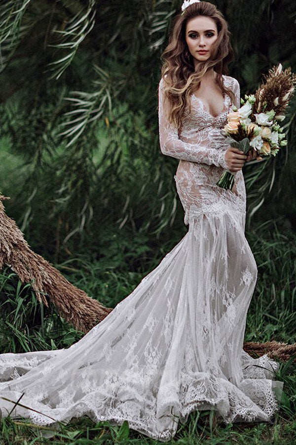 Mermaid Backless Long sleeves Lace Bohemian Wedding Dresses