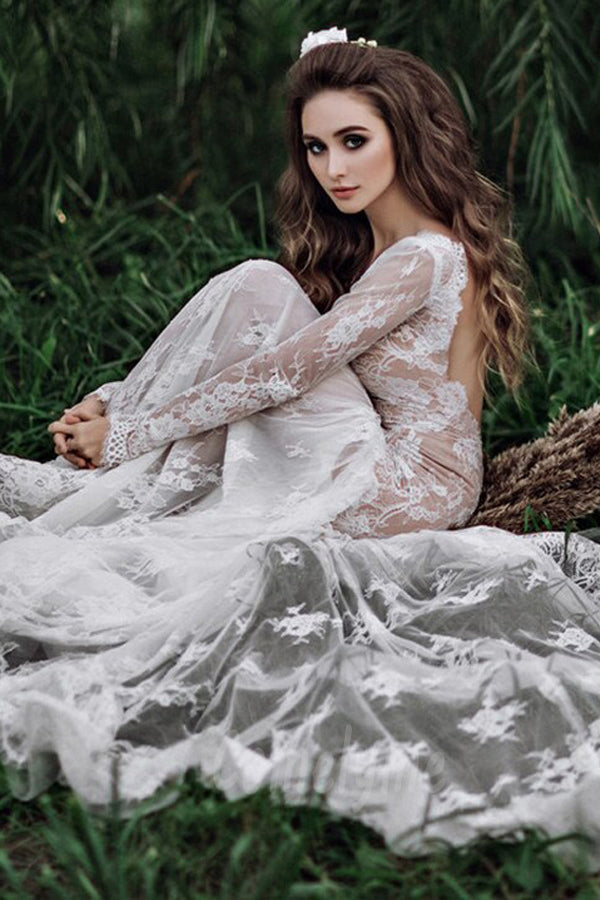 Mermaid Backless Long sleeves Lace Bohemian Wedding Dresses