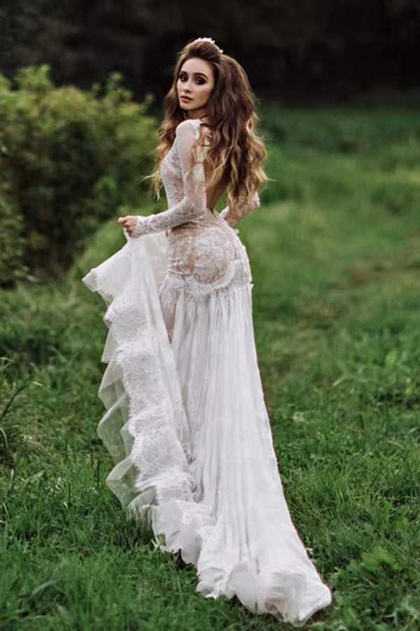 Mermaid Backless Long sleeves Lace Bohemian Wedding Dresses