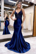 Mermaid Deep V Neck Satin Navy Blue Prom Dress with Appliques