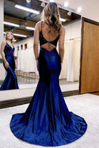 Mermaid Deep V Neck Satin Navy Blue Prom Dress with Appliques