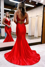 Mermaid Deep V Neck Satin Navy Blue Prom Dress with Appliques