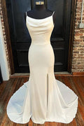 Mermaid Ivory Cowl Neck Backless Long Wedding Dress with Slit