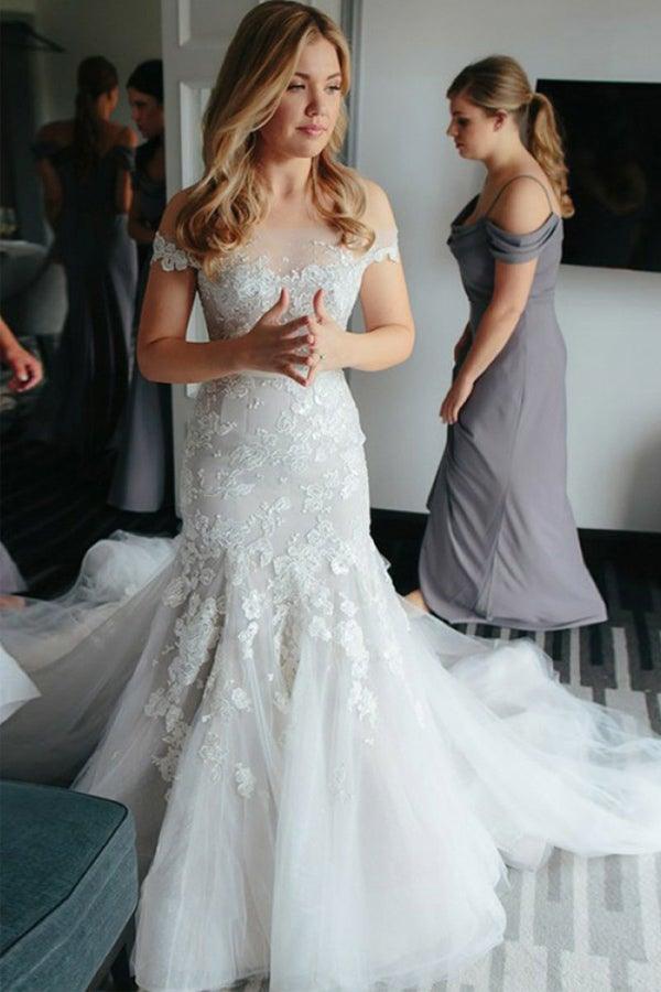Mermaid Off-the-Shoulder Court Train Tulle Wedding Dress with Appliques