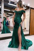 Satin Lace Mermaid Off Shoulder Long Prom Dress