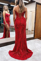 Mermaid Spaghetti Straps Appliques Red Prom Dress with Slit