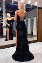 Mermaid Spaghetti Straps Appliques Red Prom Dress with Slit
