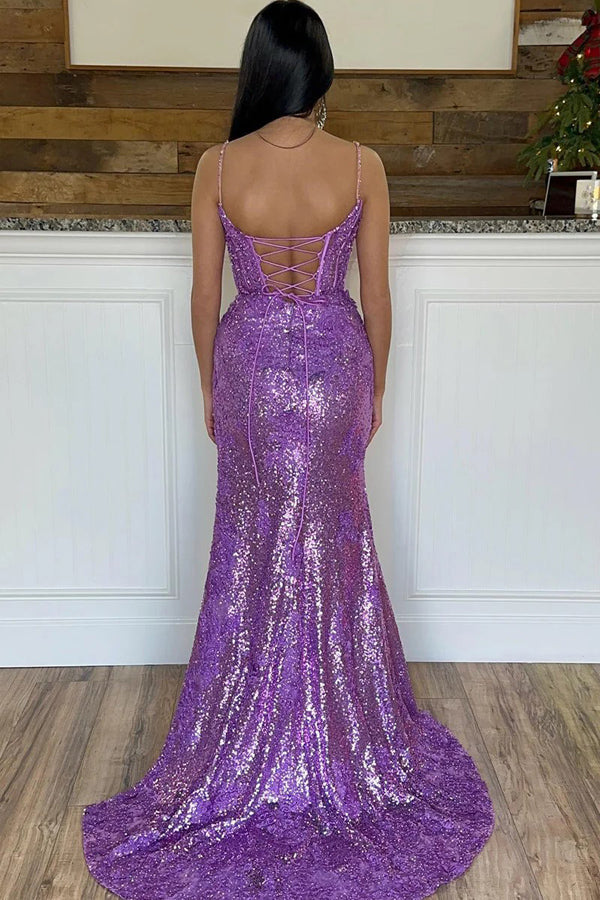 Mermaid Spaghetti Straps Appliques Red Prom Dress with Slit