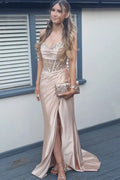 Mermaid Spaghetti Straps Corset Long Prom Dress with Slit