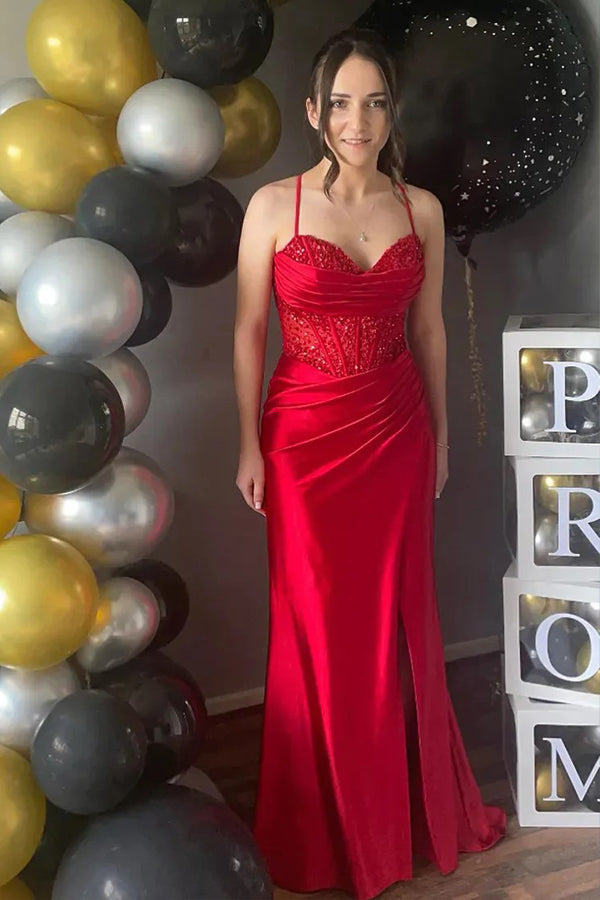 Mermaid Spaghetti Straps Corset Long Prom Dress with Slit