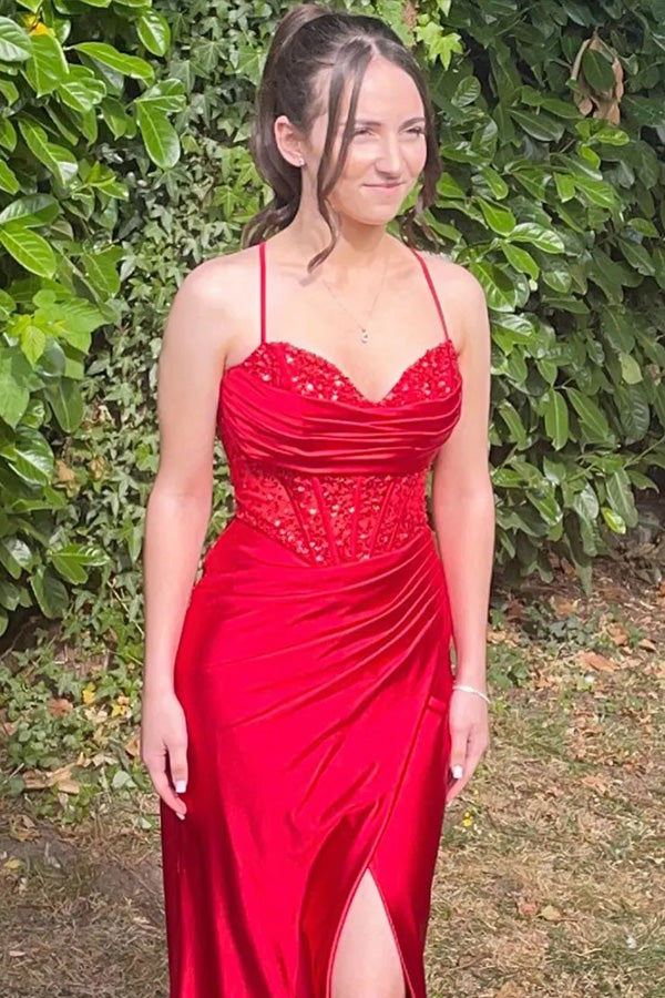 Mermaid Spaghetti Straps Corset Long Prom Dress with Slit