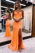 Mermaid Spaghetti Straps Orange Tight Prom Dress With Split