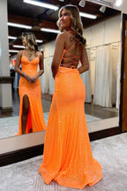 Mermaid Spaghetti Straps Orange Tight Prom Dress With Split