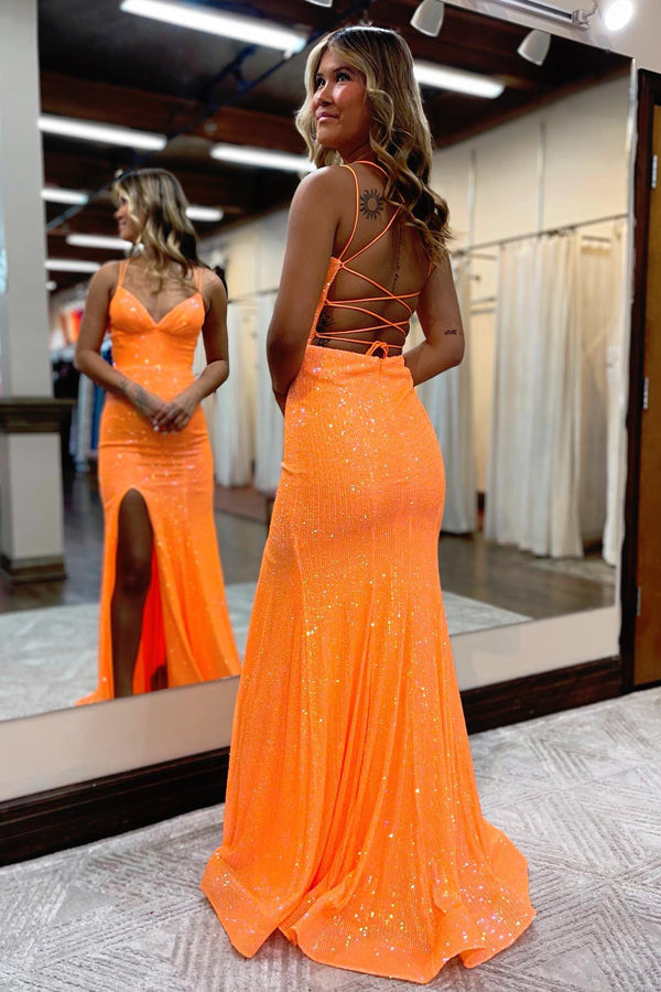 Mermaid Spaghetti Straps Orange Tight Prom Dress With Split