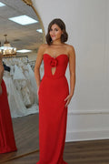 Mermaid Strapless Flower Satin Red Long Prom Dress