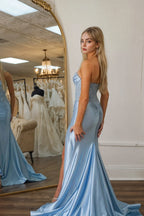 Mermaid Strapless Lace Corset Blue Long Prom Dress with Slit