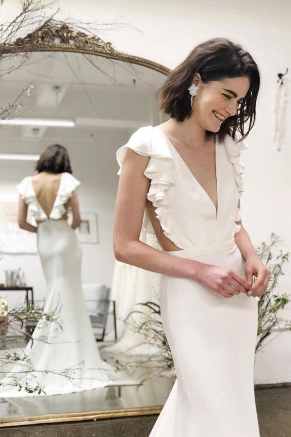 Mermaid V-Neck Cap Sleeves Wedding Dress with Ruffles