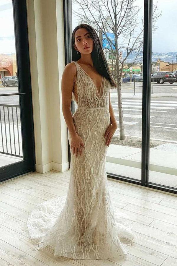 Mermaid V Neck  Lace Wedding Dresses Backless Bridal Gown