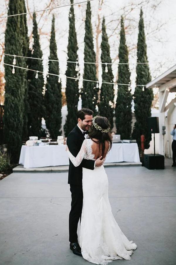 Mermaid V Neck Wedding Dress Long Sleeve Lace Bridal Gown