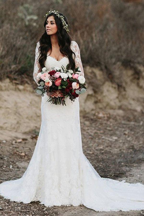 Mermaid V Neck Wedding Dress Long Sleeve Lace Bridal Gown