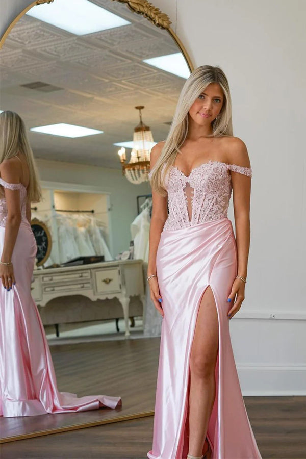 Mermaid Off Shoulder Pink Prom Dress With Appliques