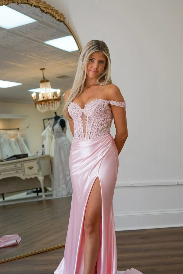 Mermaid Off Shoulder Pink Prom Dress With Appliques