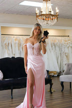 Mermaid Off Shoulder Pink Prom Dress With Appliques