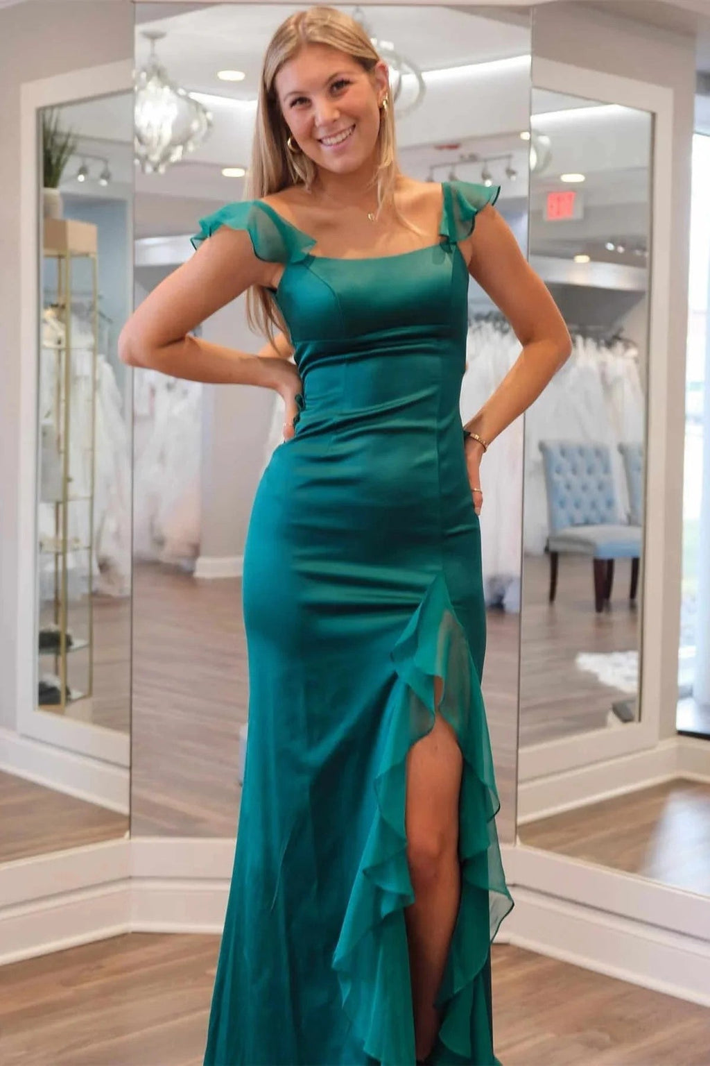 Mermaid Straps Scoop Pleated High Slit Green Long Prom Dress
