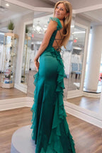 Mermaid Straps Scoop Pleated High Slit Green Long Prom Dress