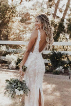 Mermaid/Trumpet Deep V-neck Lace Boho Wedding Dress Bridal Gown
