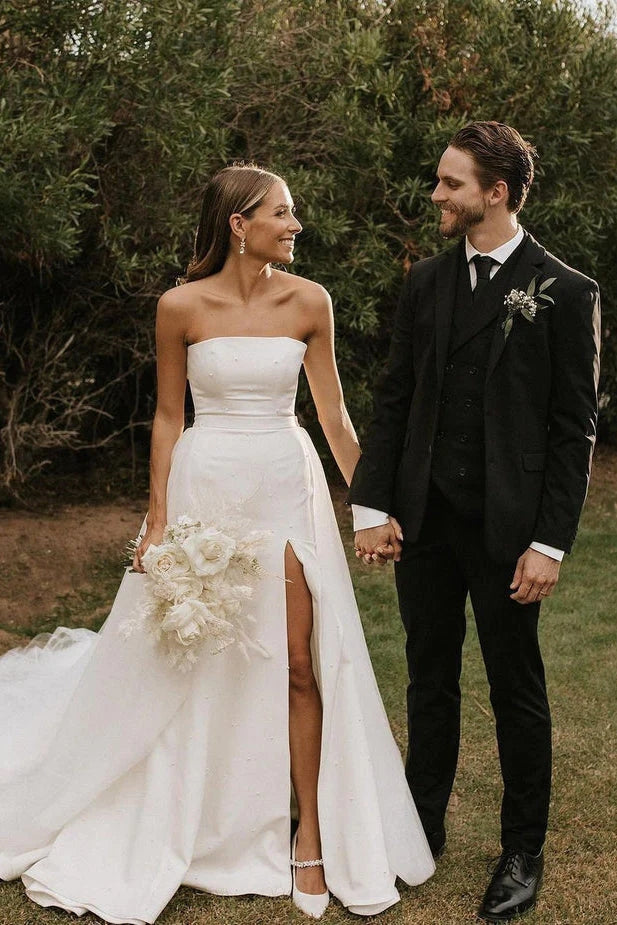 Modest Strapless Satin Detachable Tulle Wedding Dresses