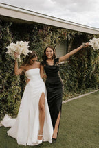 Modest Strapless Satin Detachable Tulle Wedding Dresses