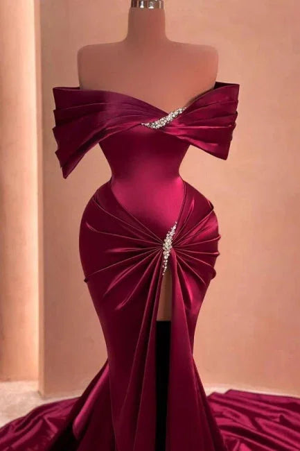 Mulberry Mermaid Off-The-Shoulder Ruffles Split Front Prom Dresses with Beadings