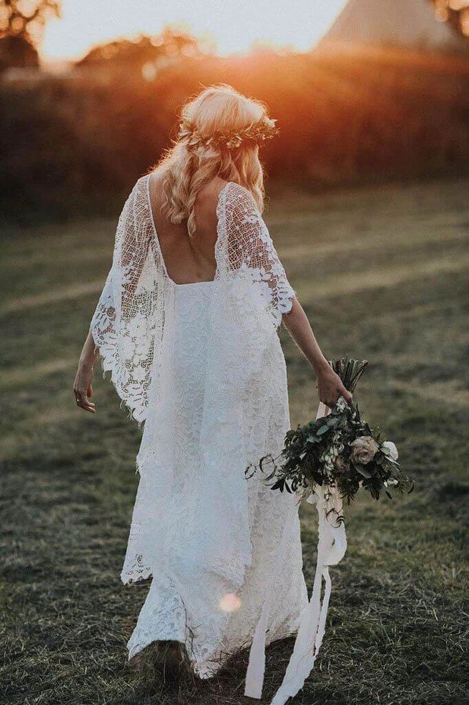 Roycebridal Batwing Sleeve Lace Rustic Wedding Dresses Ivory Sheath Boho Wedding Dresses