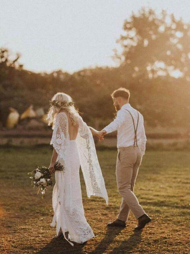 Roycebridal Batwing Sleeve Lace Rustic Wedding Dresses Ivory Sheath Boho Wedding Dresses