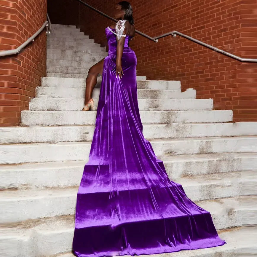 Purple Velvet Evening Dress,Sexy Formal Gown For Black Girls Y1835