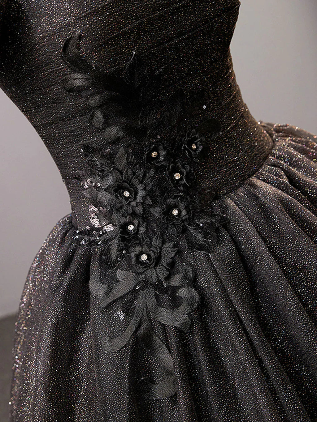 Black Square Neckline Tulle Long Prom Dress Shiny Black Evening Dresses Y4386