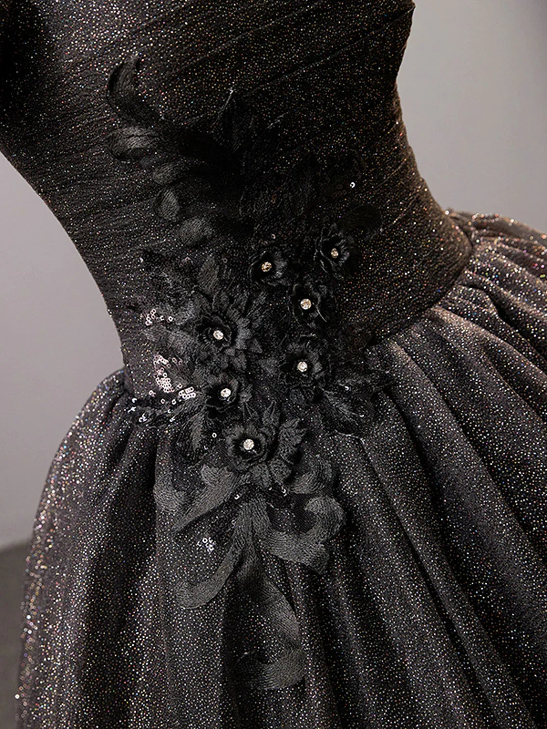 Black Square Neckline Tulle Long Prom Dress Shiny Black Evening Dresses Y4386