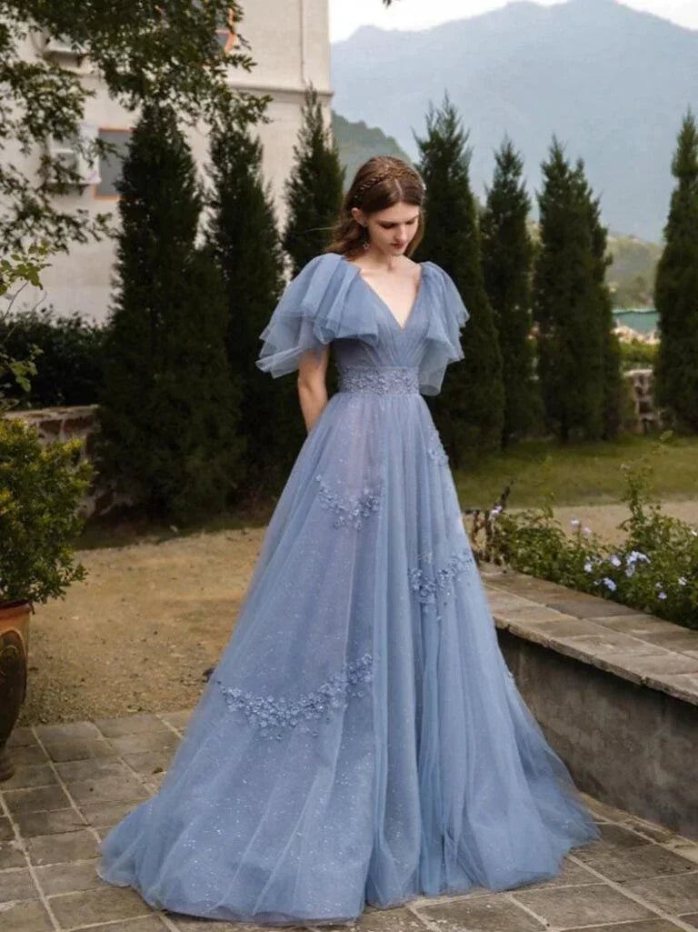 Elegant Blue Tulle Sequins Appliques Prom Dress Evening Dress Y8348